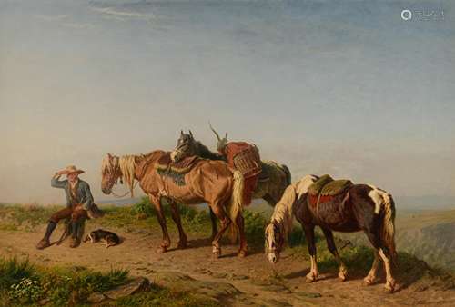 Tschaggeny C., a resting shepherd with his dog and three horses, dated 1868, oil on canvas, 75 x 110 cm