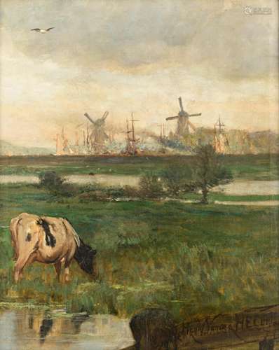 Van der Hecht H., a grazing cow with windmills in the background, dated (18)77, oil on canvas, 79 x 98 cm