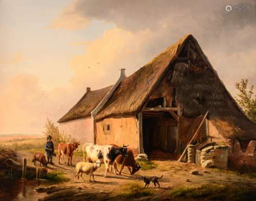 Verwee L.P., a shepherd with his cattle near a farm, oil on panel, 45 x 58 cm