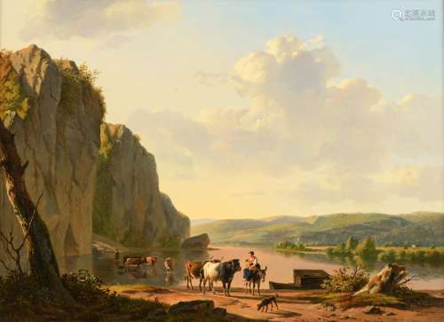Verboeckhoven E. / De Jonghe J.B., a shepherd with his cattle in a mountainous landscape, dated 1829, oil on panel, 41 x 54 cm