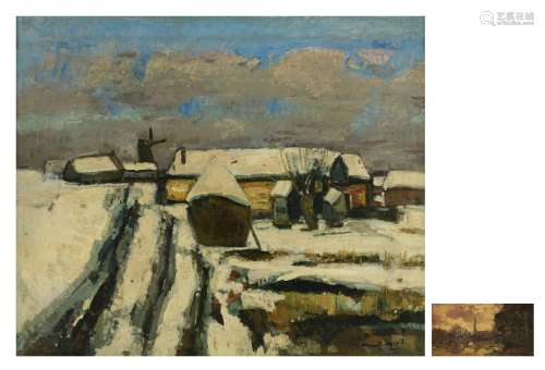 Apol A., a rural view in winter, oil on canvas, 50 x 60 cm. Added: Frank L., a cloudy view on Bruges, oil on panel, 9 x 15 cm