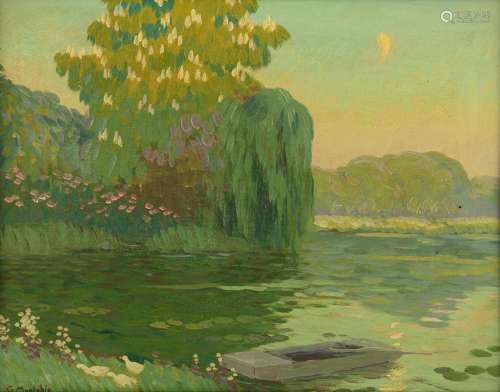 Montobio G., a weeping willow by the pond, oil on triplex, 38 x 48 cm, Is possibly subject of the SABAM legislation / consult ‘Conditions of Sale’