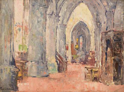 Leduc P., the interior of the church in Moret St. Loing, oil on canvas on triplex, 25 x 30 cm
