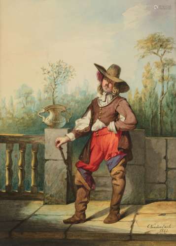 Vandendaele C., a standing musketeer, dated 1842, watercolour on paper, 20 x 28 cm