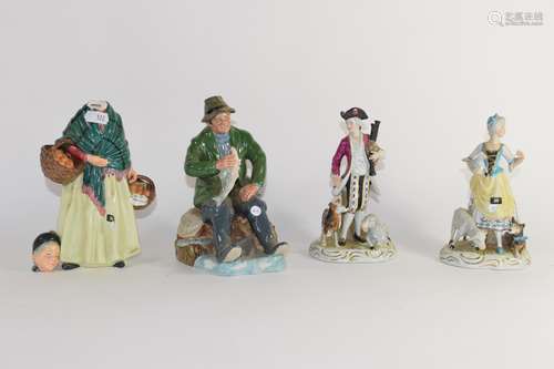 Group of two Continental porcelain figures, together with a Doulton figure of A Good Catch, and a