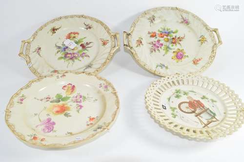 Group of four porcelain plates decorated in Meissen style, some marked 