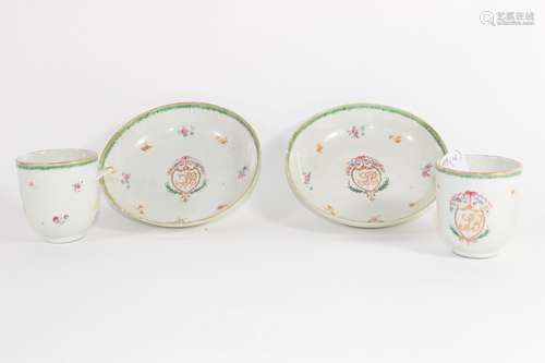 Pair of 18th century Chinese export porcelain armorial tea cups and saucers (one cup a/f) (4)