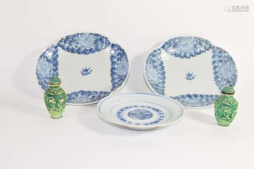 Group of Chinese ceramics including two lobed dishes and a small dish of blue and white design, plus