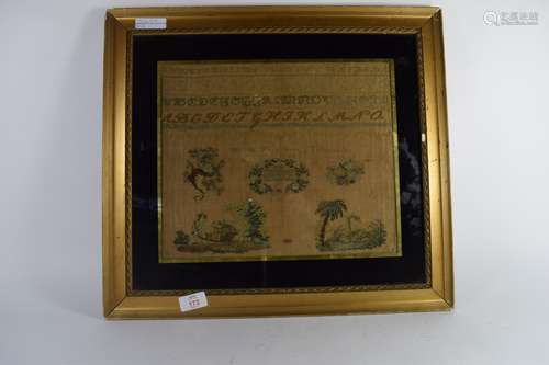 Mid-19th century sampler in gilt frame on black background, the sampler indistinctly signed, with