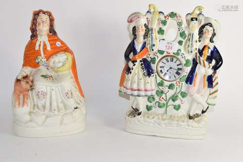 Staffordshire watch-holder including watch and further Staffordshire figure of Red Riding Hood (2)