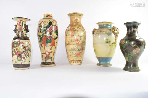 Group of five porcelain vases, three Chinese, a further Noritake vase with typical decoration and