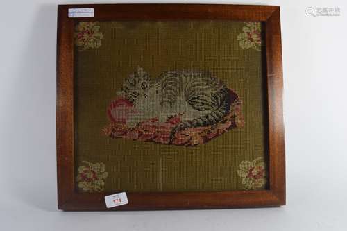 Embroidered figure of a cat in light oak frame