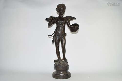 20th century bronzed metal classical figure of a winged warrior on circular base, 60cm high