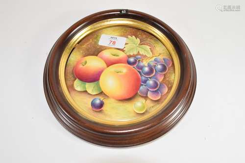 Royal Worcester type circular plaque painted with fruit, bearing signature by Leaman, the plaque