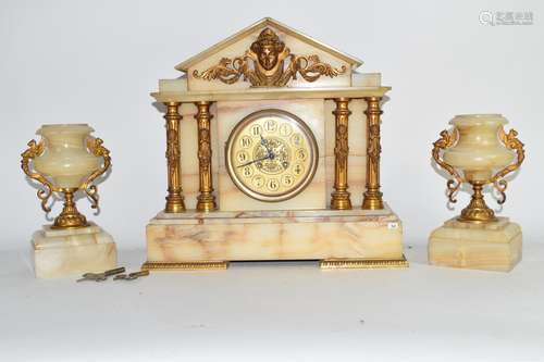 Late 19th century clock garniture, the clock of typical pedimented form, clock case height approx