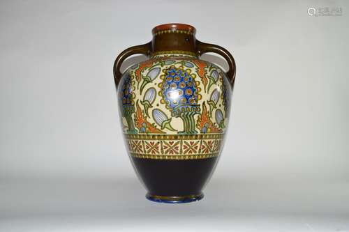 Large Gouda two-handled baluster vase decorated in typical fashion, 43cm high