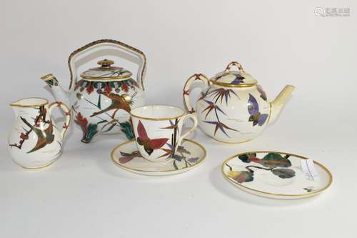 19th century Worcester Japonisme style tea set comprising tea pot with crane and moth decoration,