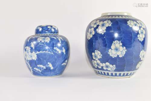 Large Chinese porcelain ginger jar, the blue ground with prunus decoration together with a further