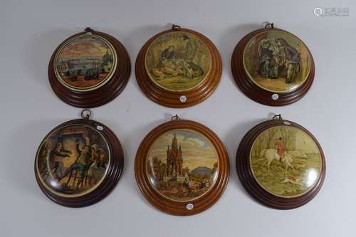 Group of six pot lids in light oak frames, various scenes including Albert Memorial, Royal Harbour