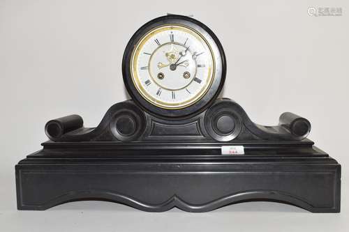 Victorian large black marble mantel clock, circular Roman chapter ring and exposed escapement, 55.