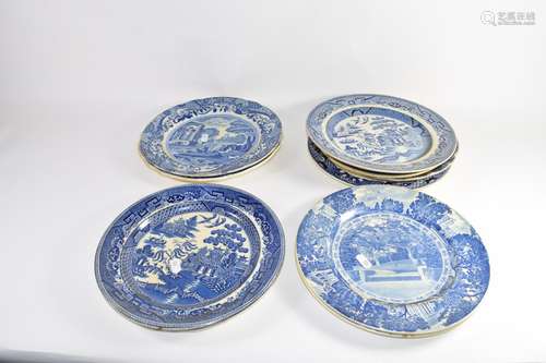 Quantity of ten blue and white decorated plates including Copeland Spode Italian pattern and