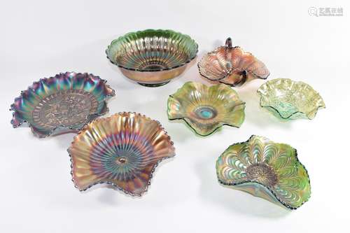 Group of Fenton and other manufacturers of Carnival glass, all with coloured purple and green floral