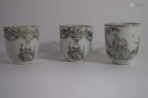 Group of 18th century Chinese porcelain coffee cups, all decorated in European fashion en grisaille