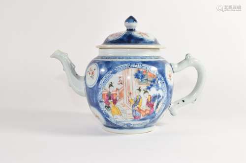 Chinese export porcelain tea pot, the blue ground with polychrome decoration of figures