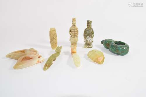 Group of small Chinese jade items and a stone carving of a rabbit and a jade type brush washer, (8)