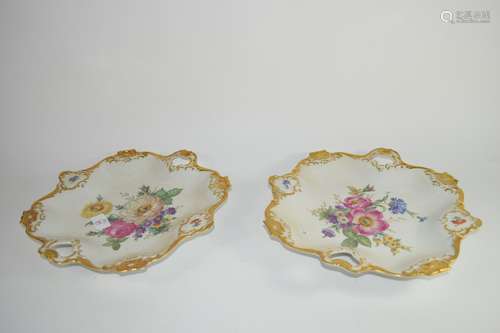 Pair of Continental porcelain dishes decorated in Meissen style of flowers within gilt borders, 30cm