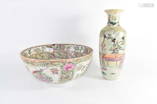 Large famille rose porcelain punch bowl together with a Chinese porcelain vase with polychrome