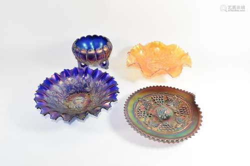 Northwood carnival glass good luck dish in cobalt blue, a good luck dish in marigold, a Northwood