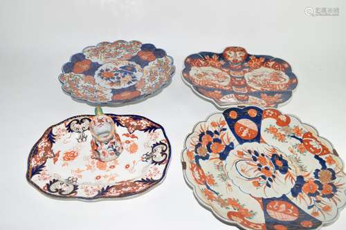 Two shaped Japanese Imari dishes, further Imari dish and Mason~s jug