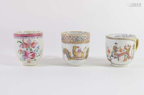 Group of three 18th century Chinese porcelain coffee cups, all with polychrome and gilt