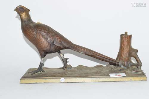 Cold cast metal table lighter depicting a pheasant (a/f), base length approx 31cm