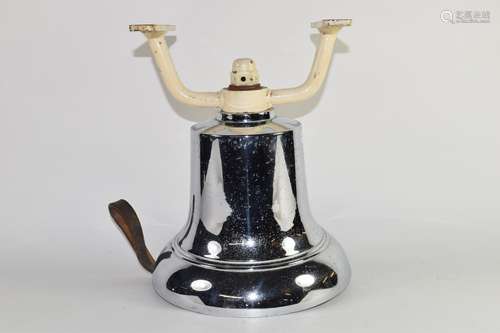 20th century large chromium fire bell with white painted cast metal bracket, 32cm high