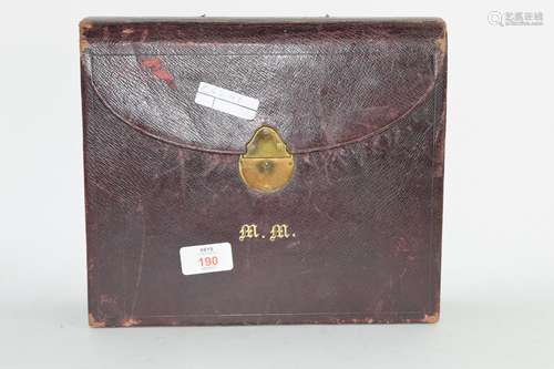 Victorian leatherette writing case, fitted interior (a/f), initialled MM, 27cm wide