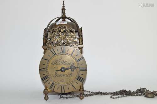 19th century brass lantern clock, signed for Thos Moore Ipswich, height approx 37cm