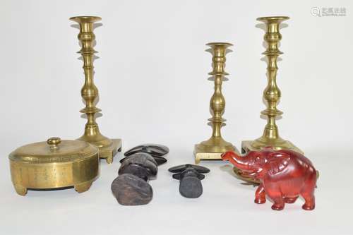 Group of brass wares including three candlesticks, tray and various treen models