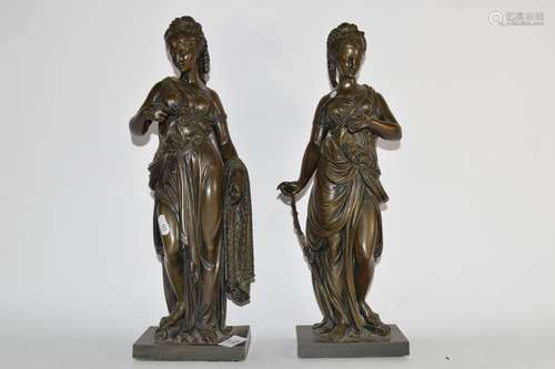 Pair of bronzed metal classical ladies, one impressed T Roudoux (2), 43cm high