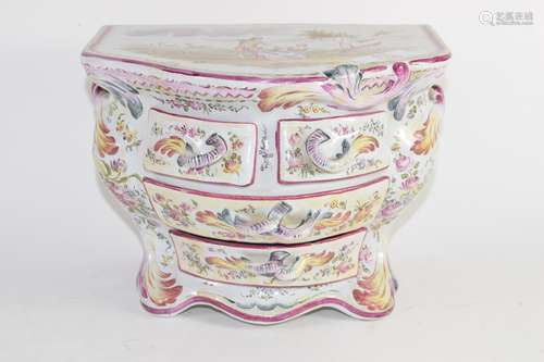 Continental pottery jewellery box, the top decorated with a couple in a landscape scene, the