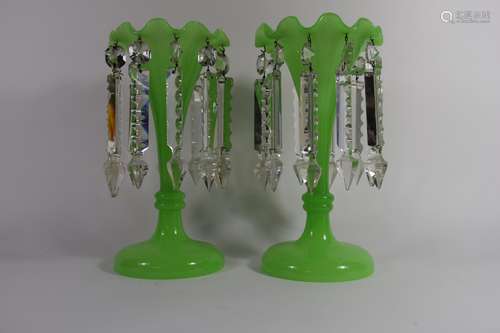 Pair of green ground table lustres, 27cm high (2)