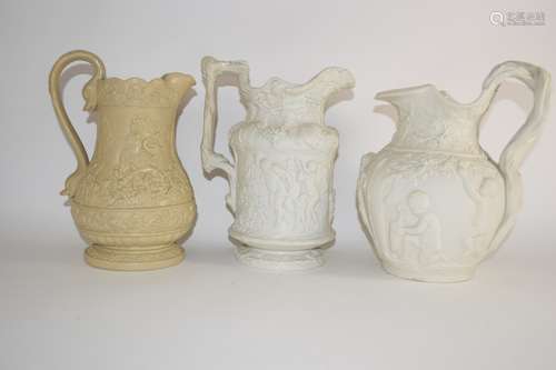 Group of three 19th century relief decorated pottery jugs, one by Charles Meigh, with a Bacchanalian