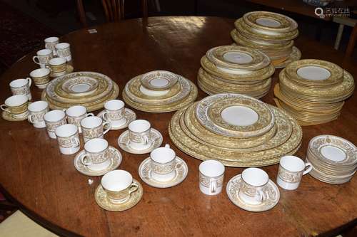 Extensive quantity of Royal Worcester dinner wares with gilt scroll design in the Embassy pattern,