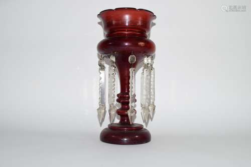 Ruby coloured glass table lustre, 33cm high