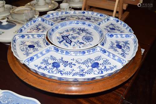 Lazy Susan with dishes produced by Villeroy & Boch all decorated in blue in Meissen style comprising