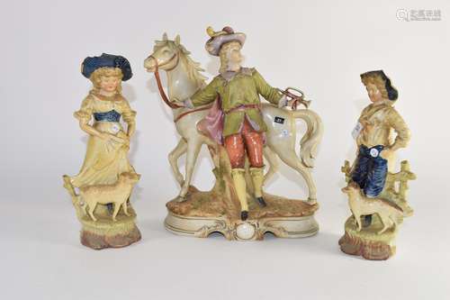 Continental pottery equestrian group, together with two Continental pottery figures of a shepherd