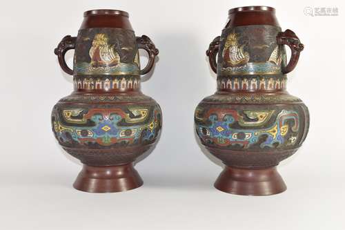 Pair of Oriental vases with cloisonne type decoration with elephant head handles, 33cm high (2)