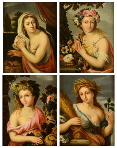 Attributed to Hendrick Bloemaert (or after), the four seasons, 17th/18thC, oil on panel, 28 x 35 cm