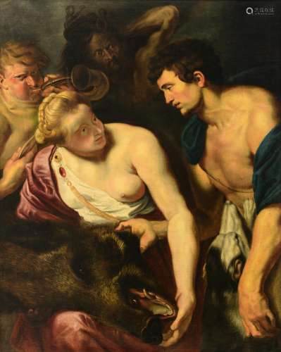 No visible signature, Meleager and Atalanta (one of the Metamorphoses of Ovid), a possible period copy after the famous work Peter Paul Rubens created in 1616, now hanging in the MET in New York, oil on canvas, 108 x ...